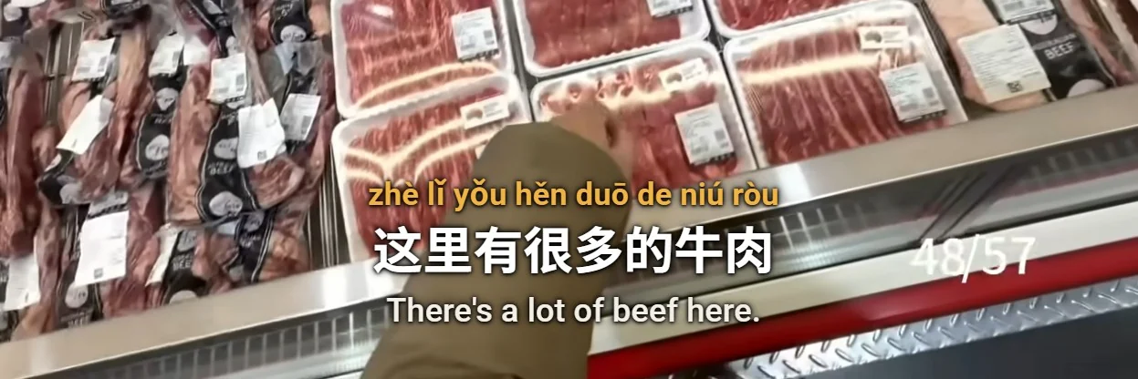 Supermarket beef counter with pinyin, Chinese and English subtitles